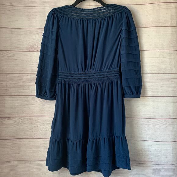 Leifsdottir Blue Dress Gold Beads Tiered Ruffle 3/4 Sleeve Twilight Alice Size 4 - Picture 6 of 16